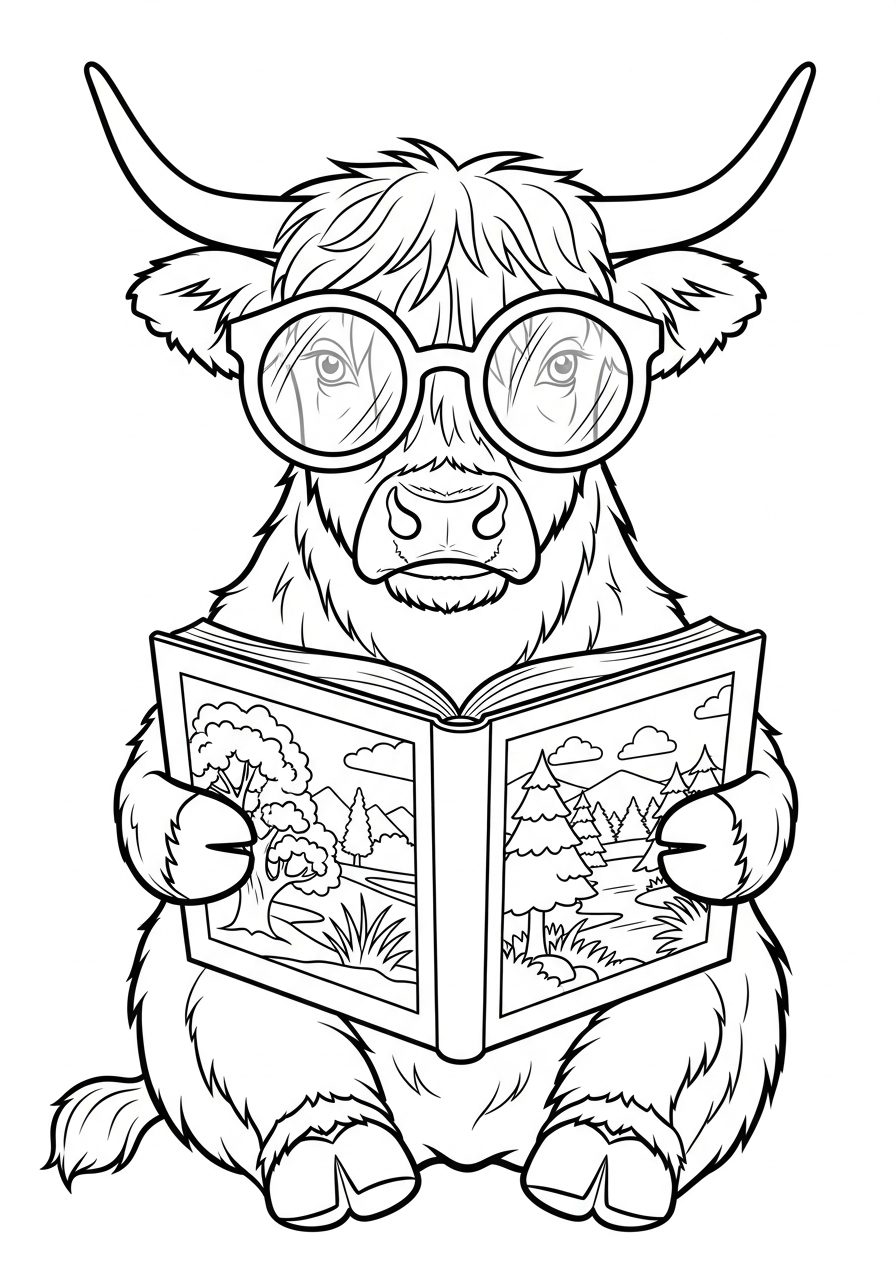 Highland Cow Coloring Pages 22 Highland cow with glasses reading coloring page
