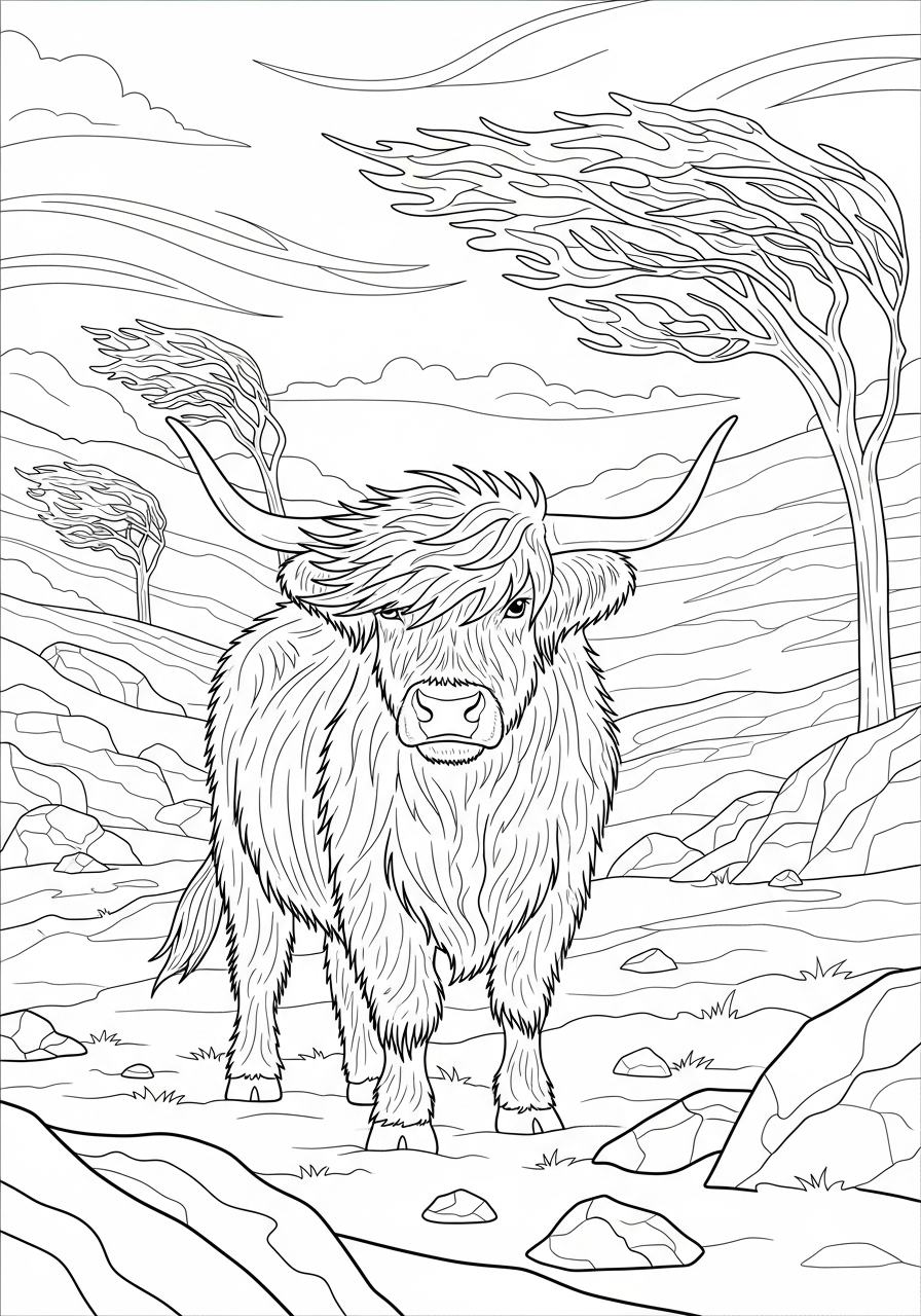 Highland Cow Coloring Pages 23 Highland cow with windblown fur coloring page
