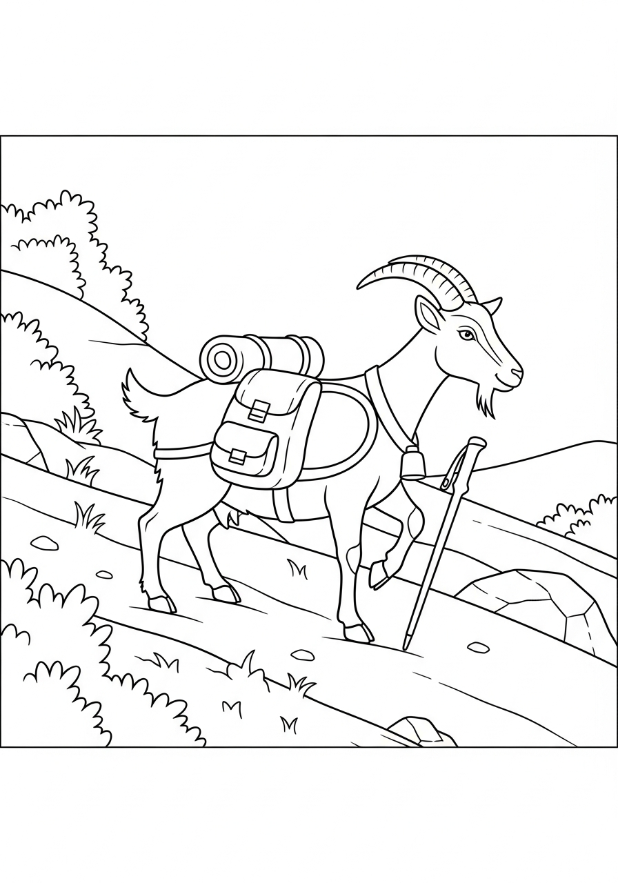 Hiking goat with backpack nature coloring page