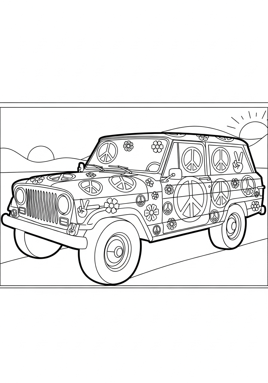 Jeep Coloring Pages 6 Hippie flower power Jeep coloring page