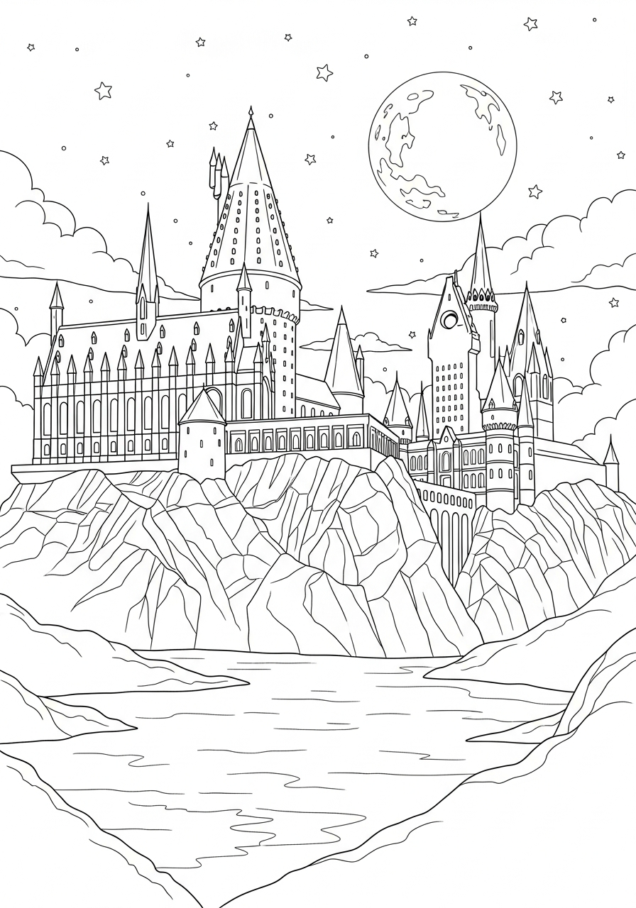 Harry Potter Coloring Pages 25 Hogwarts castle view with moon coloring page