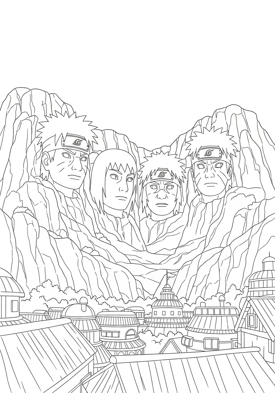 Naruto Coloring Pages 9 Hokage mountain faces village view coloring page