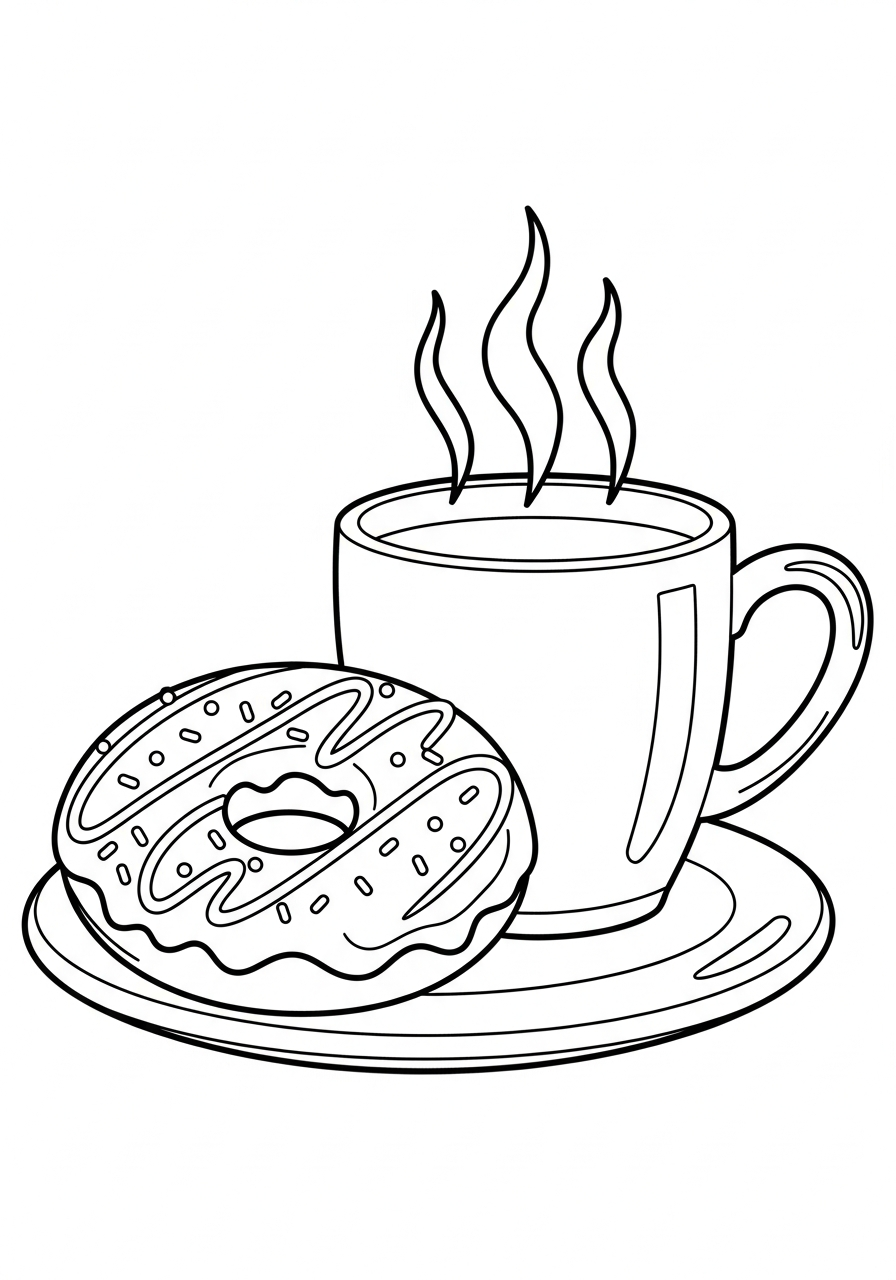 Donut Coloring Pages 23 Hot coffee and glazed donut breakfast coloring page