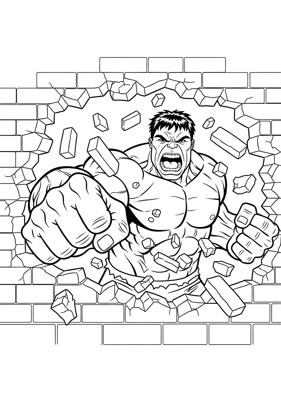 Hulk breaking through brick wall coloring page