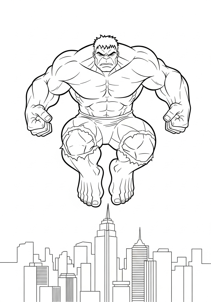 Hulk jumping high over city coloring page