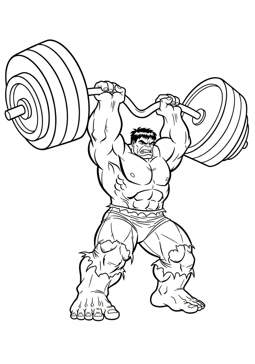 Hulk lifting heavy barbell weights coloring page