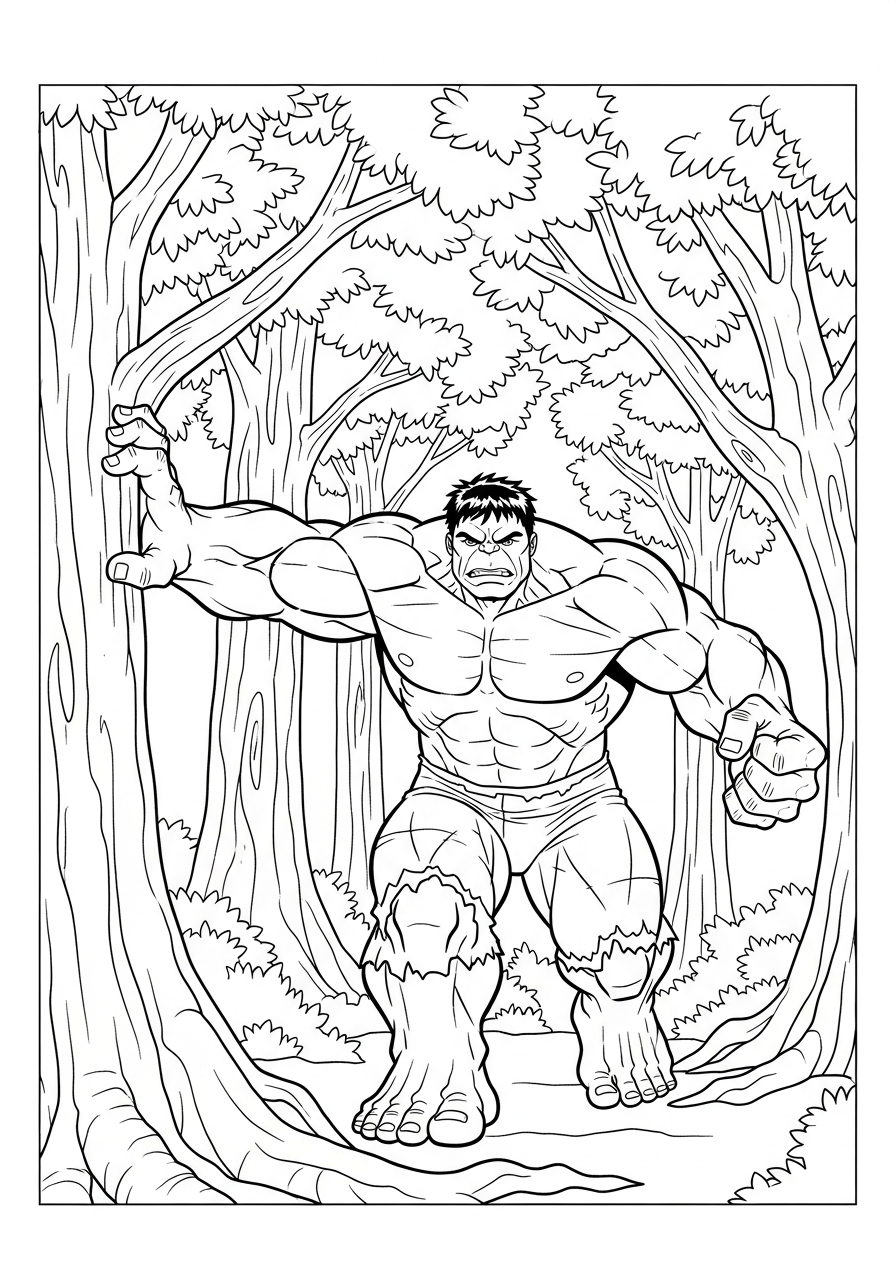 Hulk running through forest trees coloring page