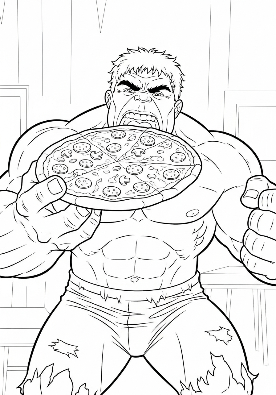 Hungry Hulk eating pizza slice coloring page
