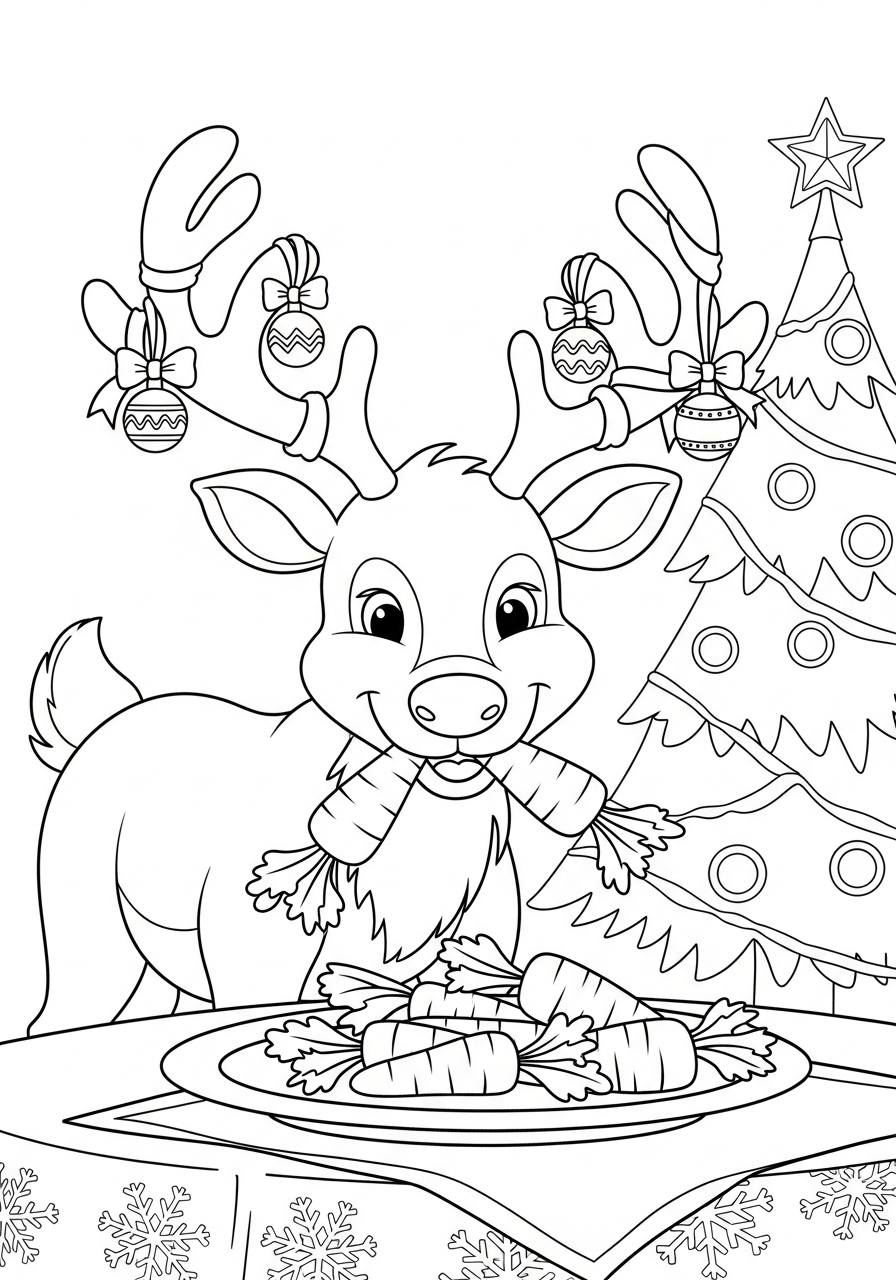 Reindeer Coloring Pages 10 Hungry reindeer eating plate of carrots coloring page