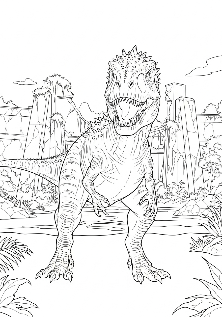 Indominus Rex Coloring Pages 14 Indominus Rex near park ruins coloring page