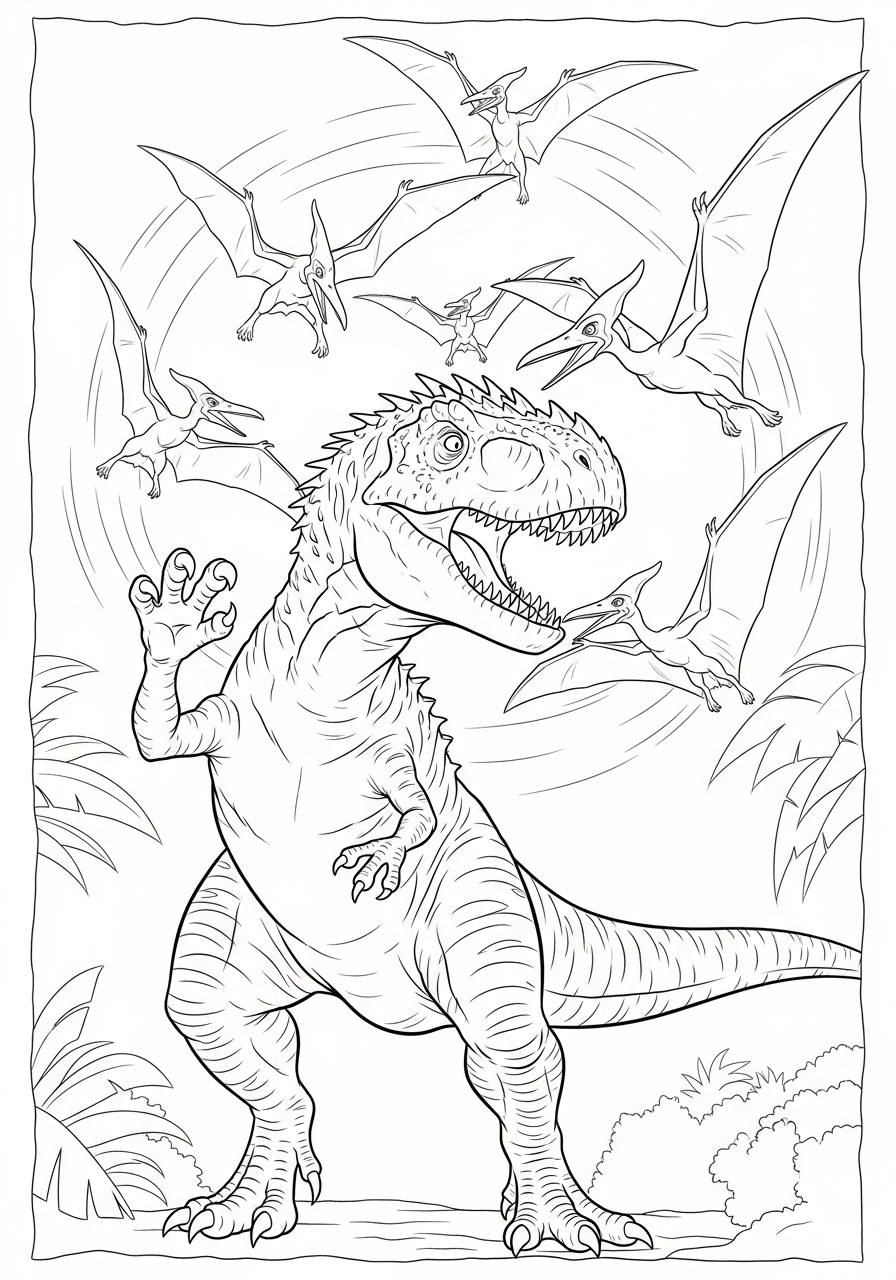 Indominus Rex Coloring Pages 20 Indominus Rex swatting flying Pteranodons coloring page