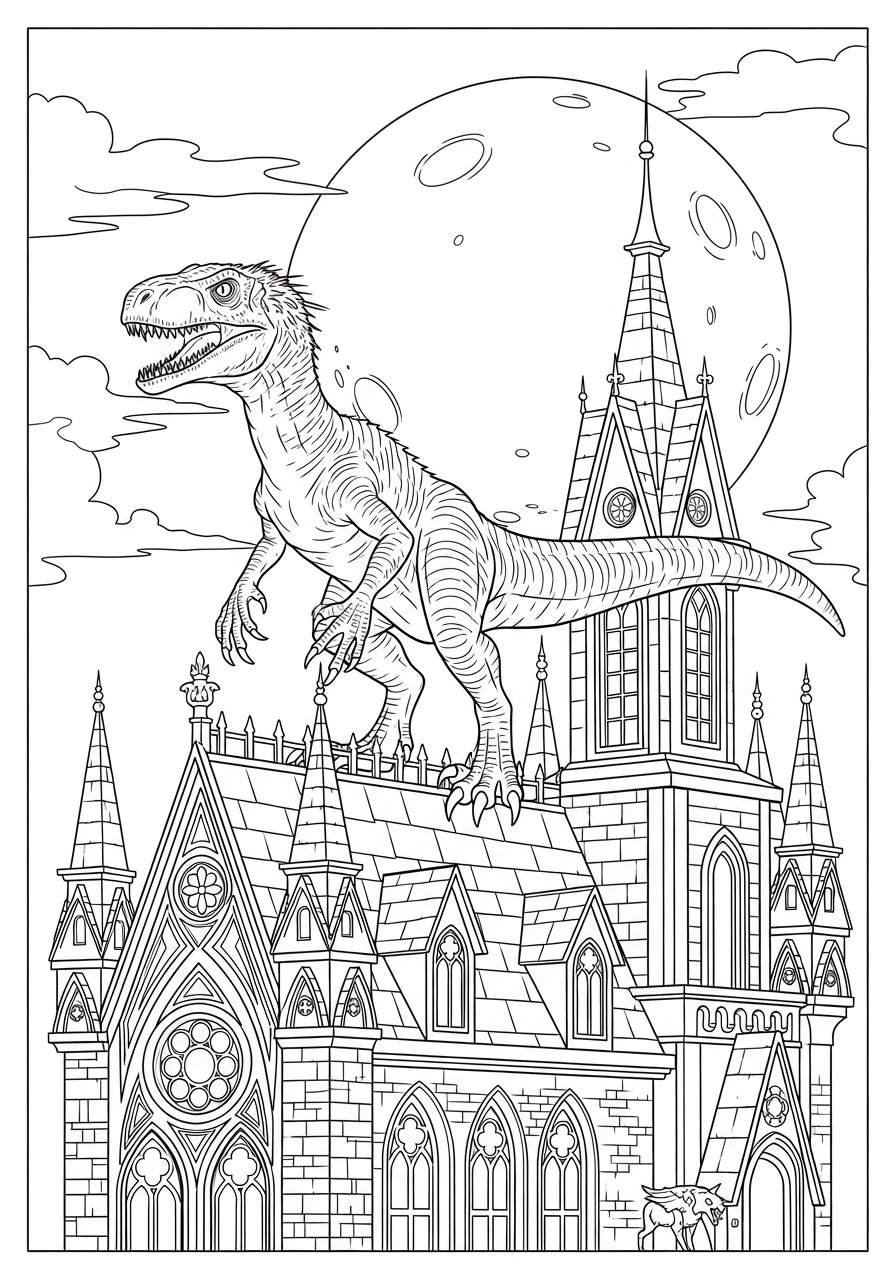 Indoraptor Coloring Pages 18 Indoraptor on rooftop at night coloring page