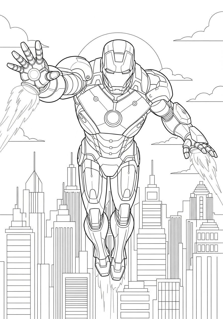 Iron Man Coloring Pages 19 Iron Man flying over city coloring page