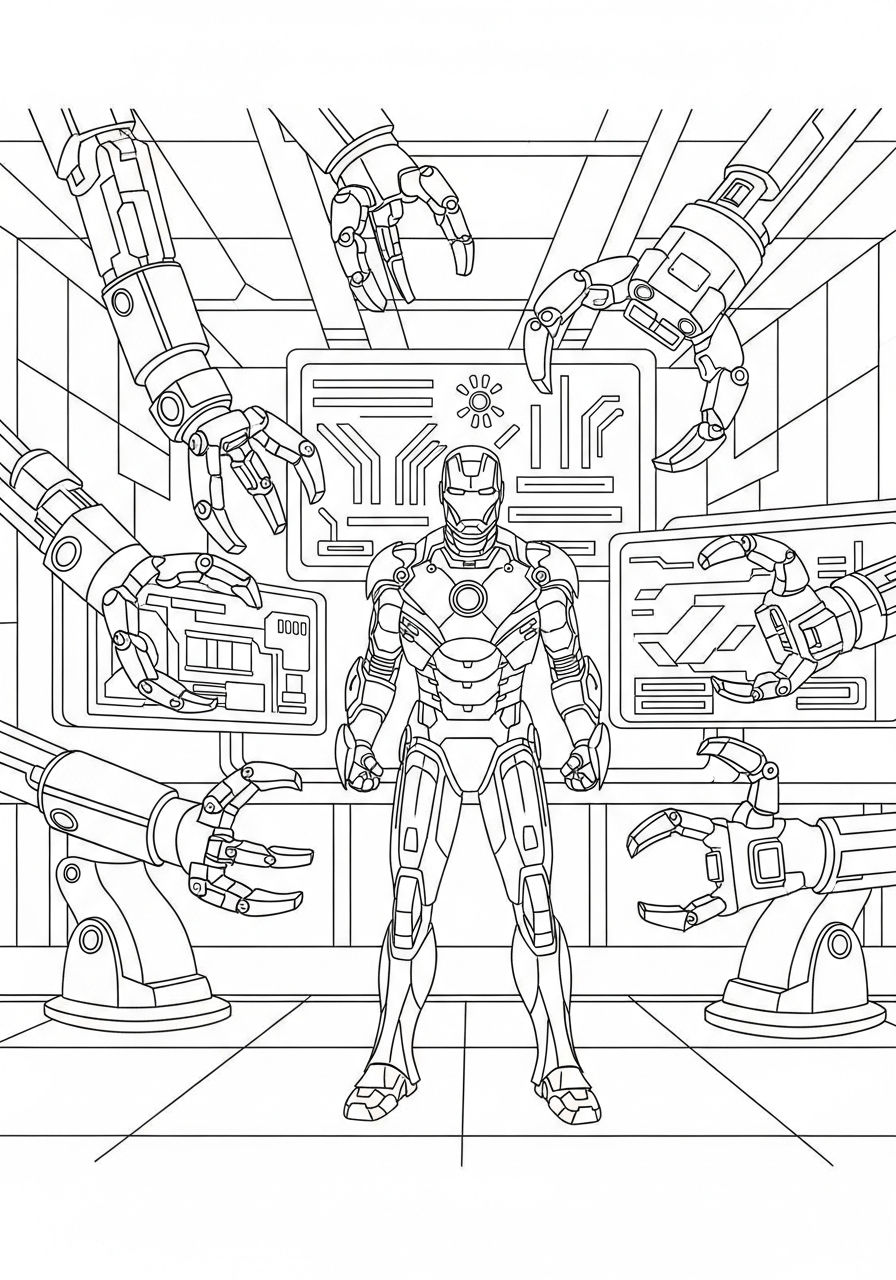 Iron Man Coloring Pages 20 Iron Man in high tech lab coloring page