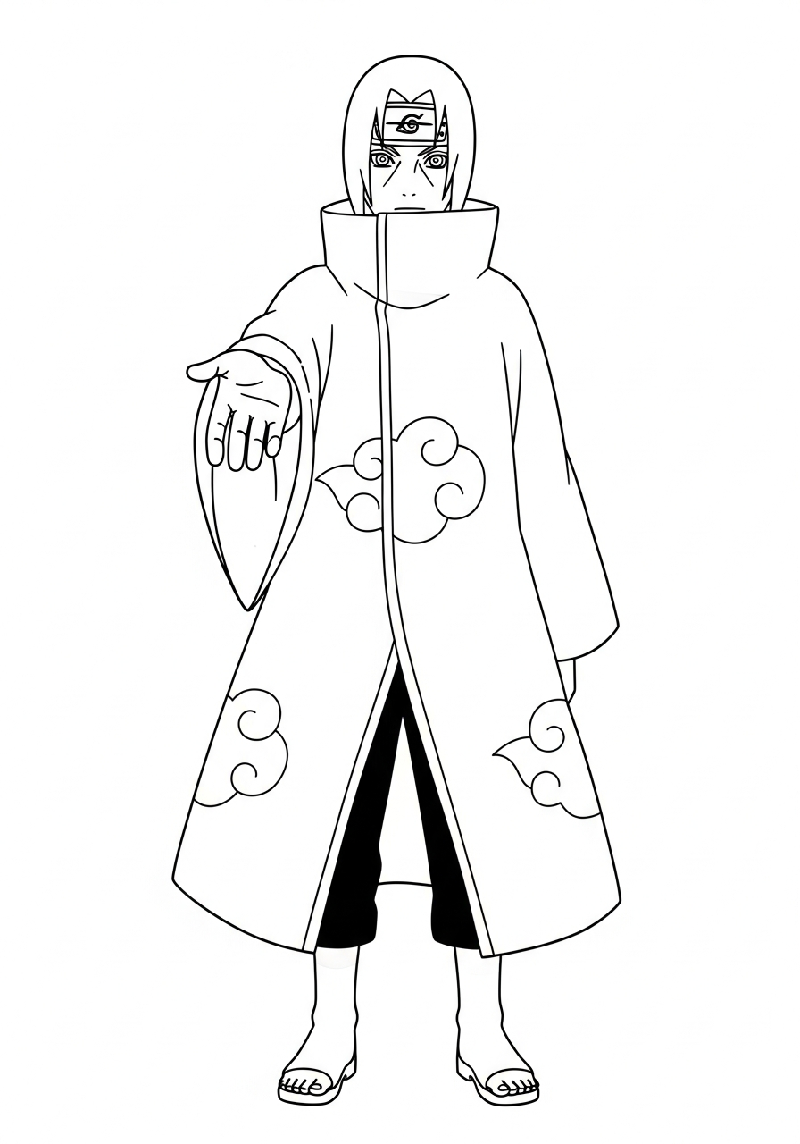Naruto Coloring Pages 10 Itachi wearing Akatsuki cloak standing coloring page