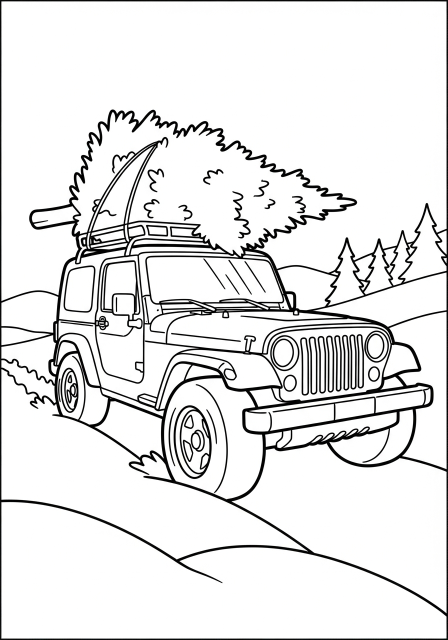 Jeep Coloring Pages 10 Jeep carrying Christmas tree coloring page