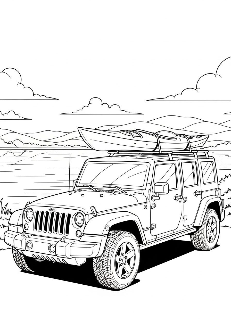 Jeep Coloring Pages 9 Jeep carrying a kayak coloring page