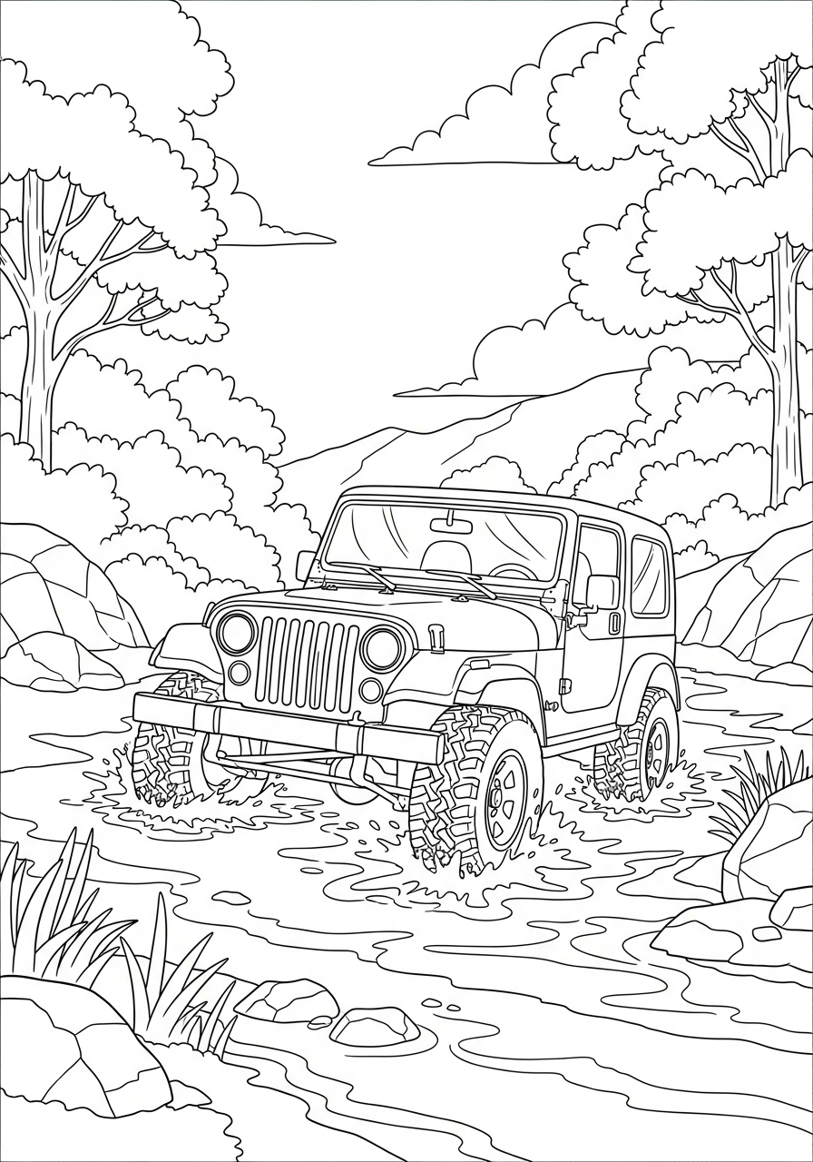 Jeep Coloring Pages 11 Jeep crossing a river coloring page