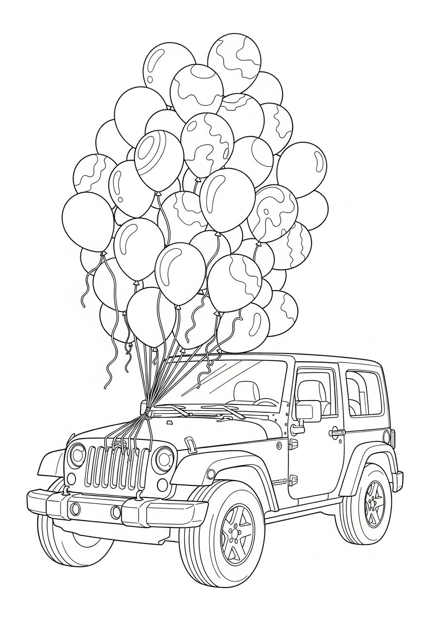 Jeep Coloring Pages 24 Jeep with party balloons coloring page