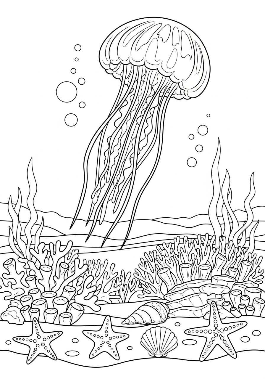 Jellyfish Coloring Pages 14 Jellyfish over coral reef coloring page