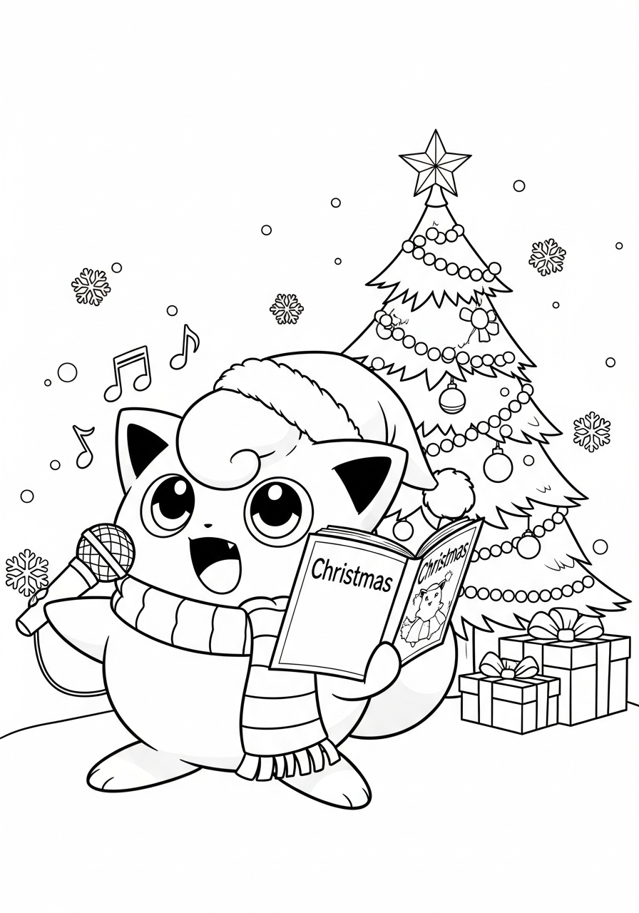 Pokemon Christmas Coloring Pages 11 Jigglypuff singing Christmas carols coloring page