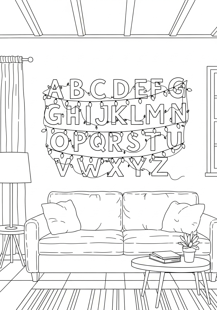 Stranger Things Coloring Pages 23 Joyce’s alphabet lights wall Stranger Things coloring page