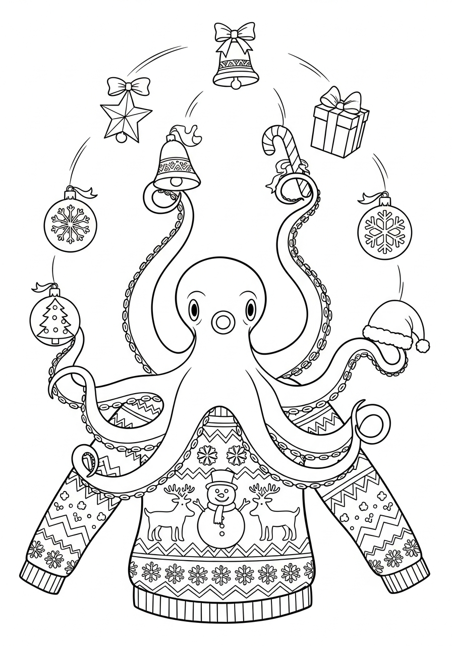 Ugly Christmas Sweater Coloring Pages 14 Juggling octopus ugly Christmas sweater coloring page