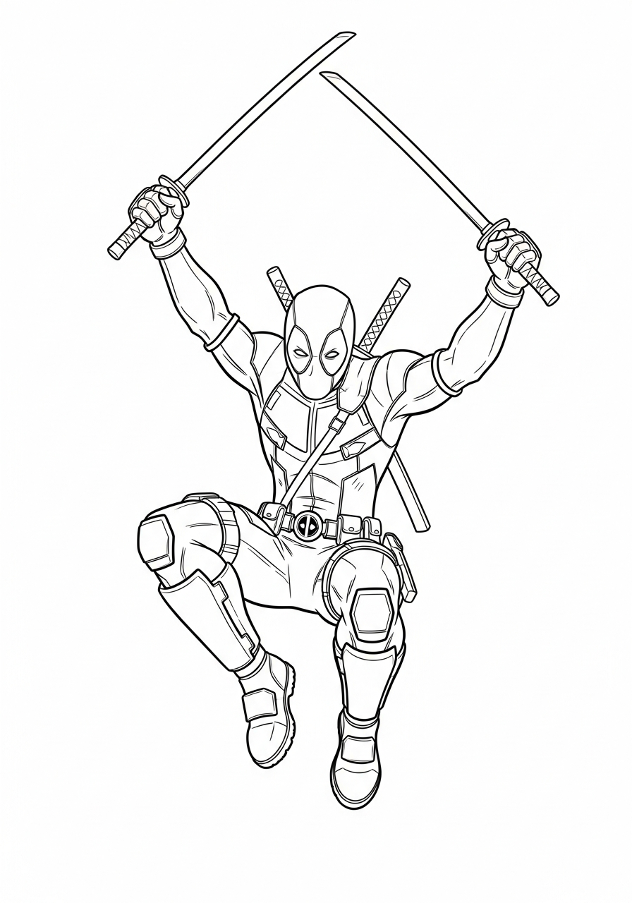 Deadpool Coloring Pages 35 Jumping Deadpool with two swords coloring page