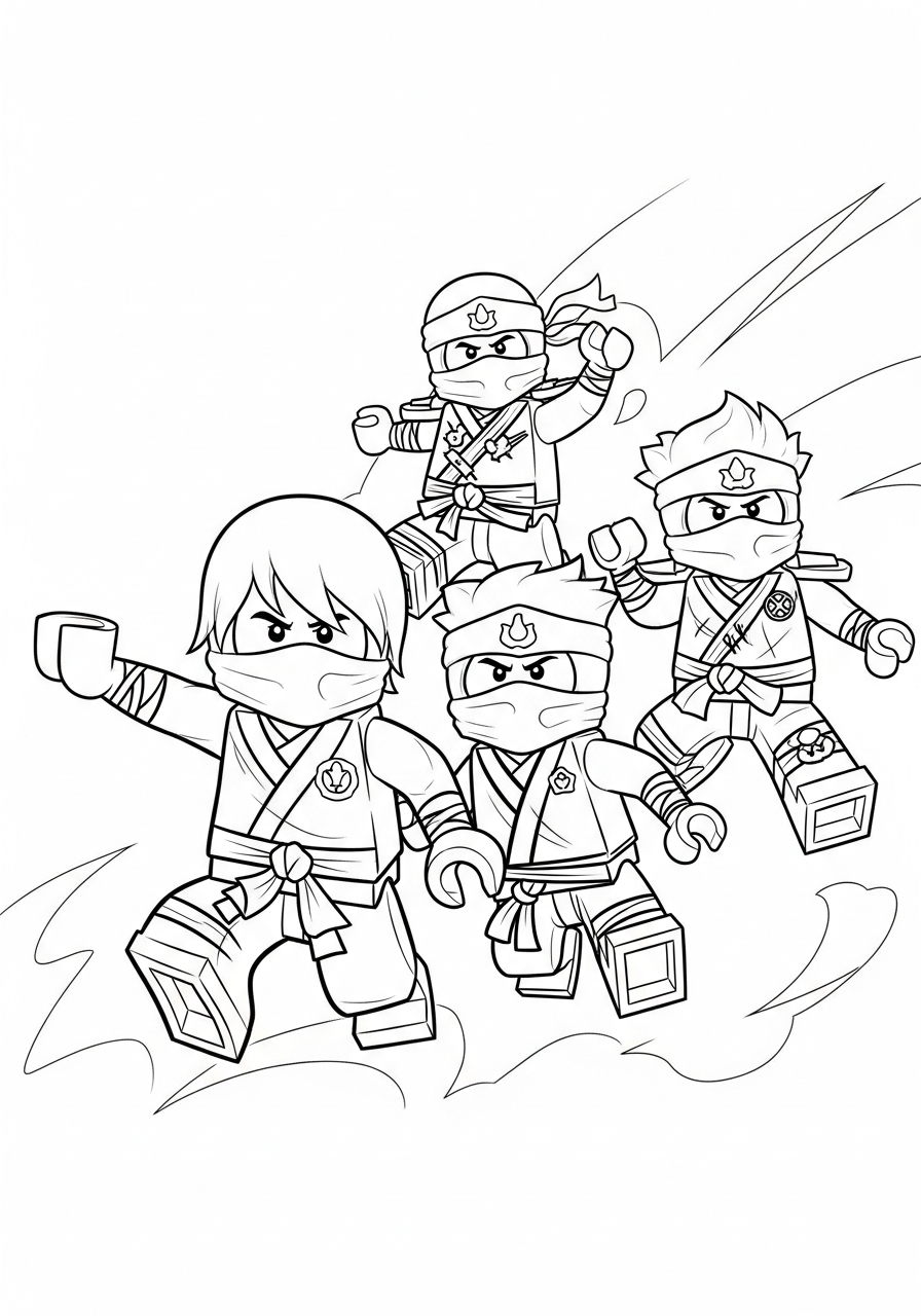 Ninjago Coloring Pages 7 Jumping Ninjago team action scene coloring page