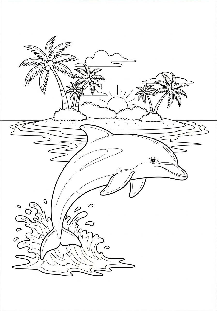 Dolphin Coloring Pages 23 Jumping dolphin near tropical island coloring page