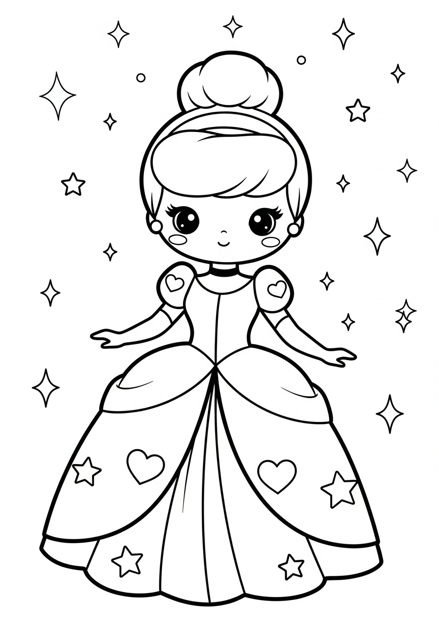 Kawaii Cinderella with sparkles princess coloring page