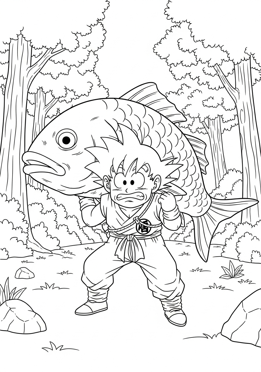 Goku Coloring Pages 20 Kid Goku carrying giant fish coloring page