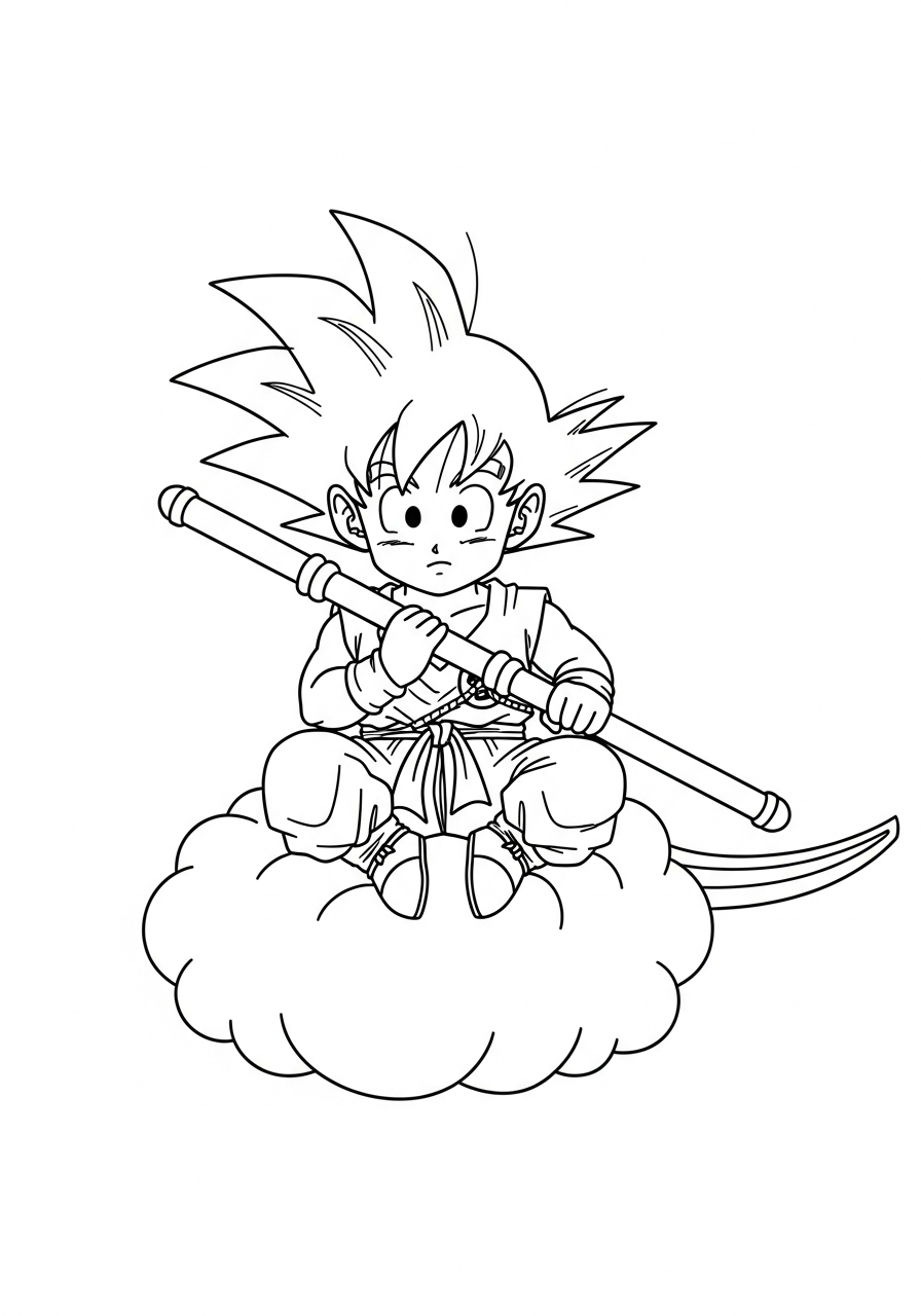 Kid Goku riding flying nimbus coloring page