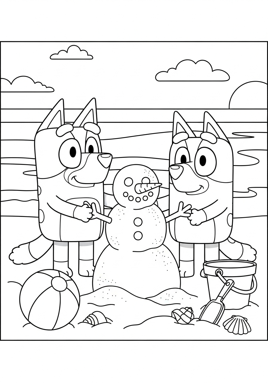 Bluey Christmas Coloring Pages 17 Kids building sand snowman beach coloring page