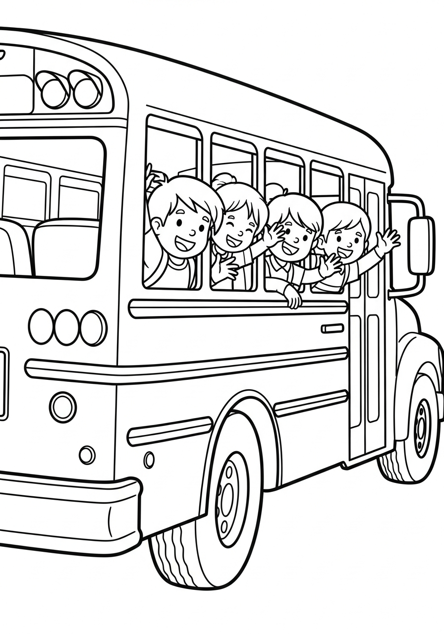 School Bus Coloring Pages 15 Kids waving from School Bus coloring page