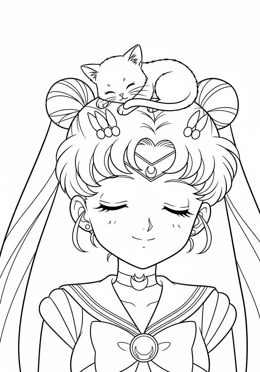 Sailor Moon Coloring Pages 7 Kitten Diana on head coloring page