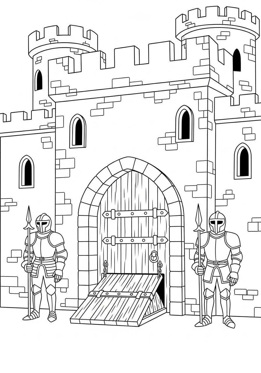 Castle Coloring Pages 9 Knights guarding main castle gate coloring page