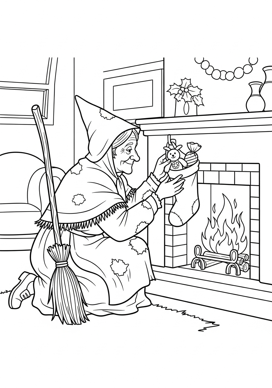 La Befana Coloring Pages 5 La Befana filling christmas stocking coloring page