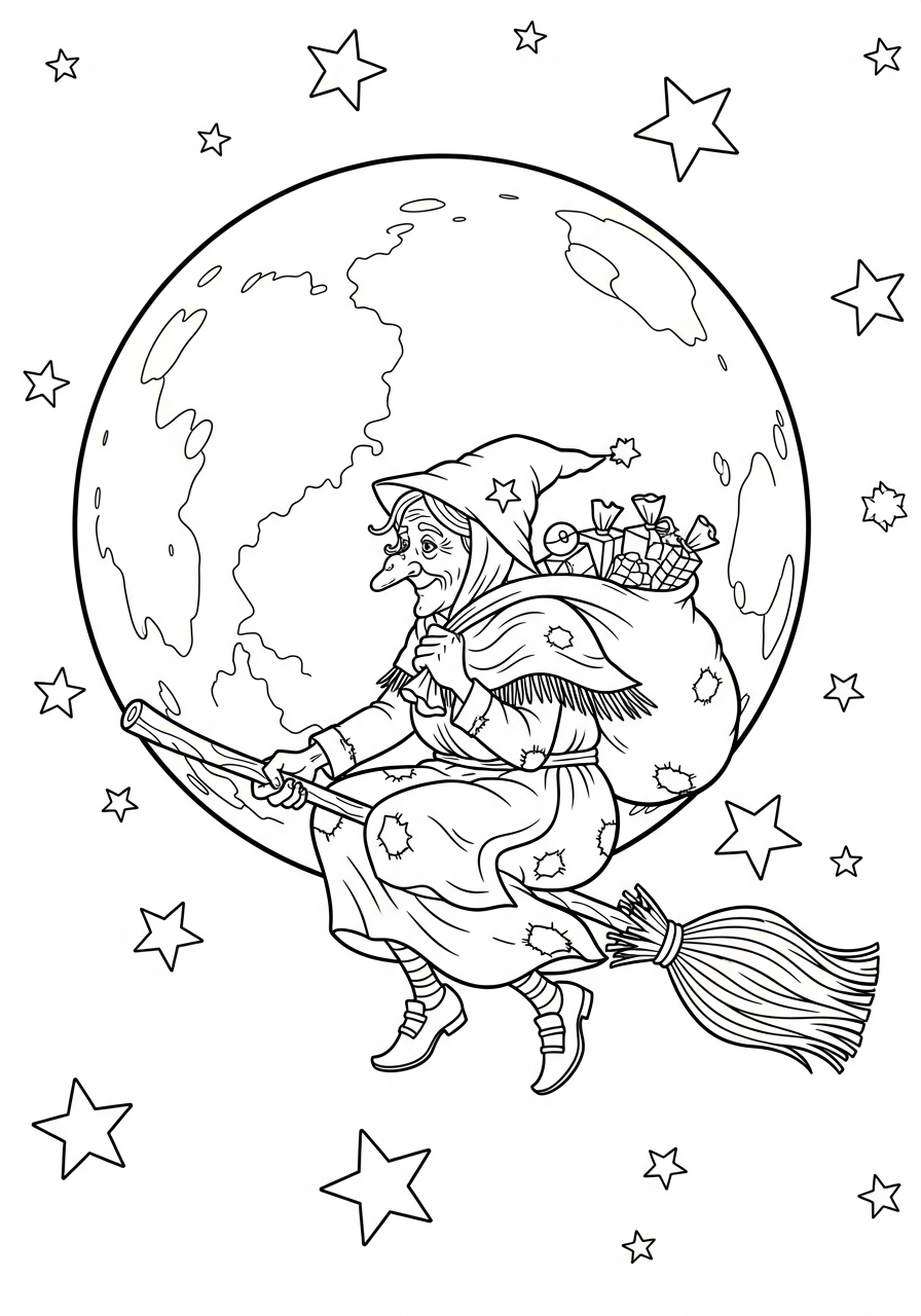 La Befana Coloring Pages 6 La Befana flying past moon coloring page
