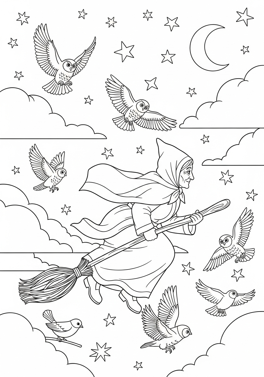 La Befana Coloring Pages 7 La Befana flying with birds coloring page