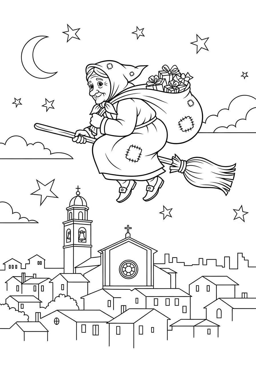 La Befana Coloring Pages 11 La Befana over Italian village coloring page