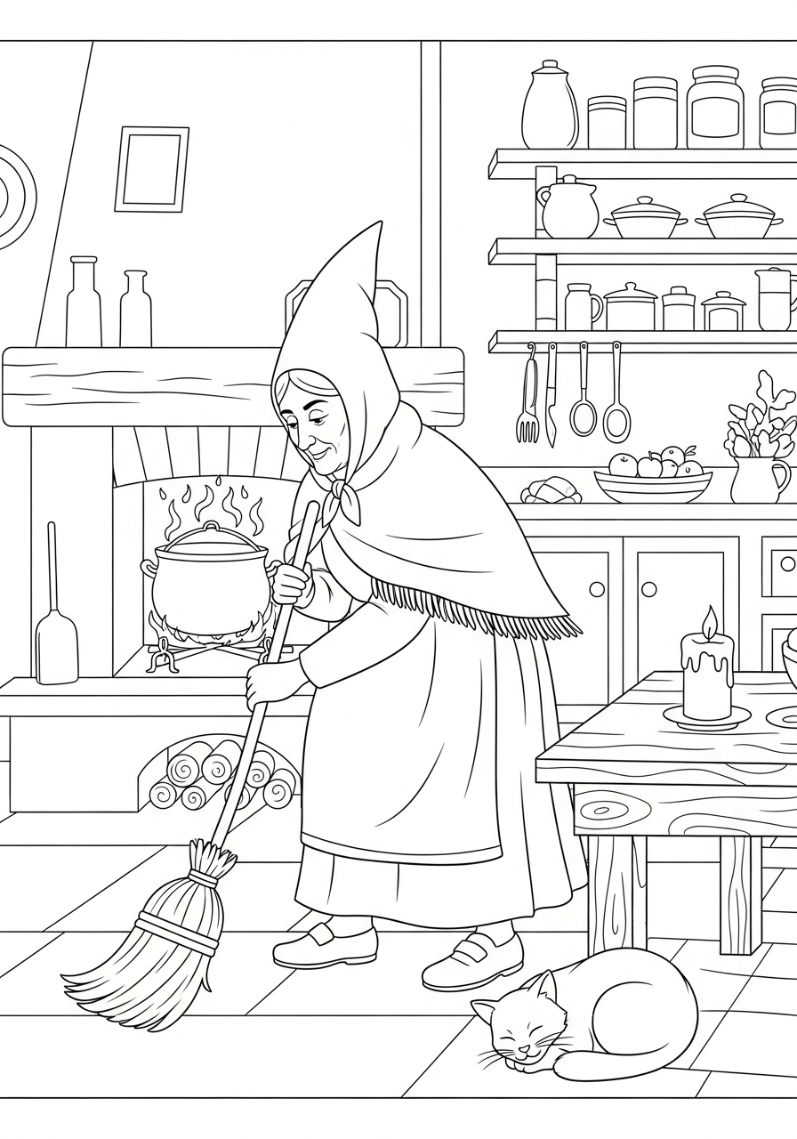 La Befana Coloring Pages 14 La Befana sweeping kitchen floor coloring page