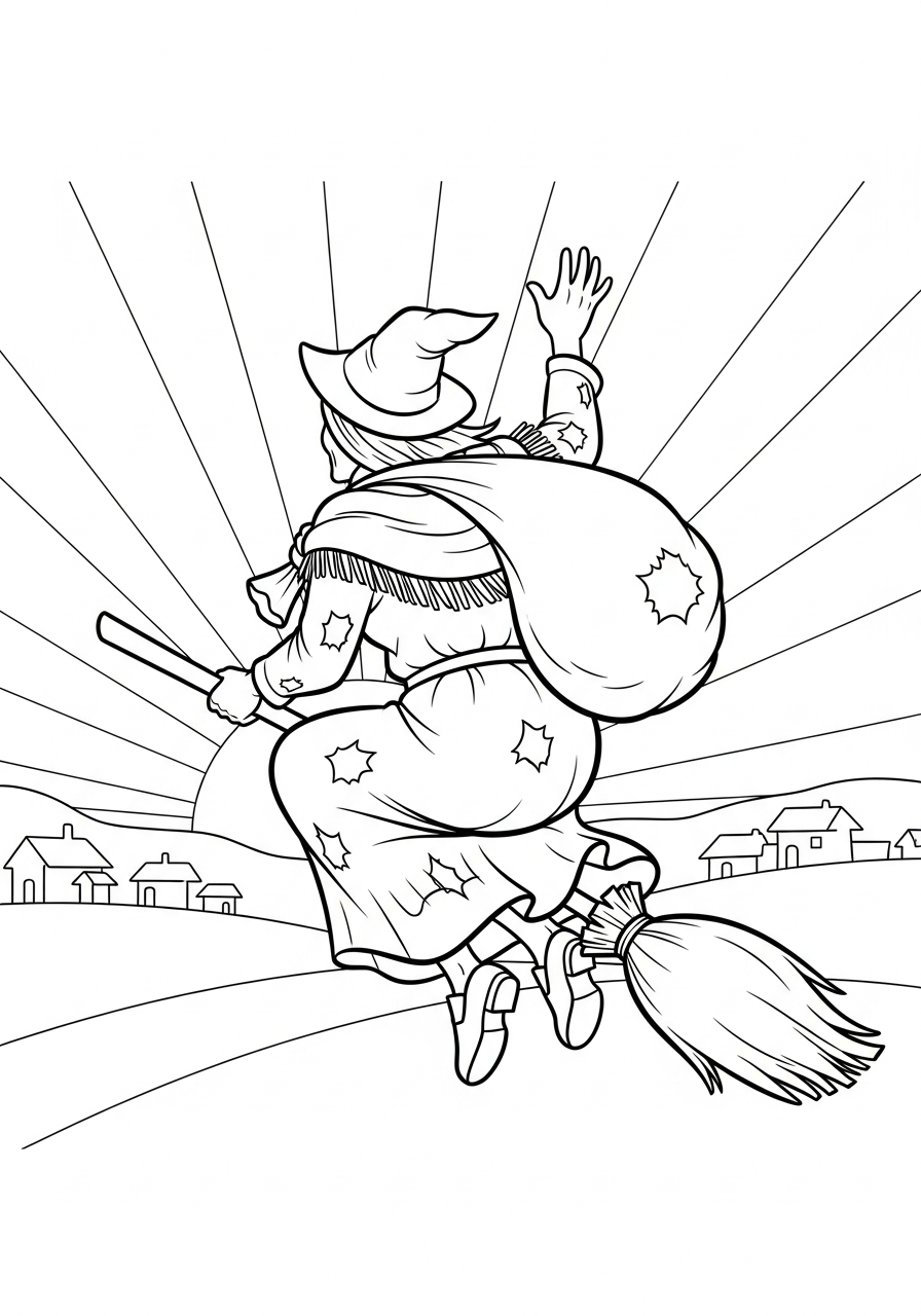 La Befana Coloring Pages 16 La Befana waving goodbye flying coloring page