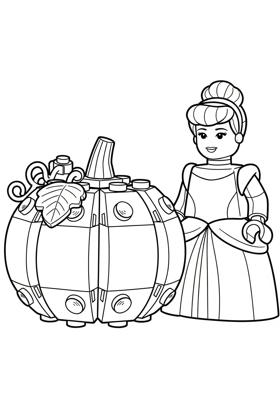 Lego style Cinderella block figure coloring page