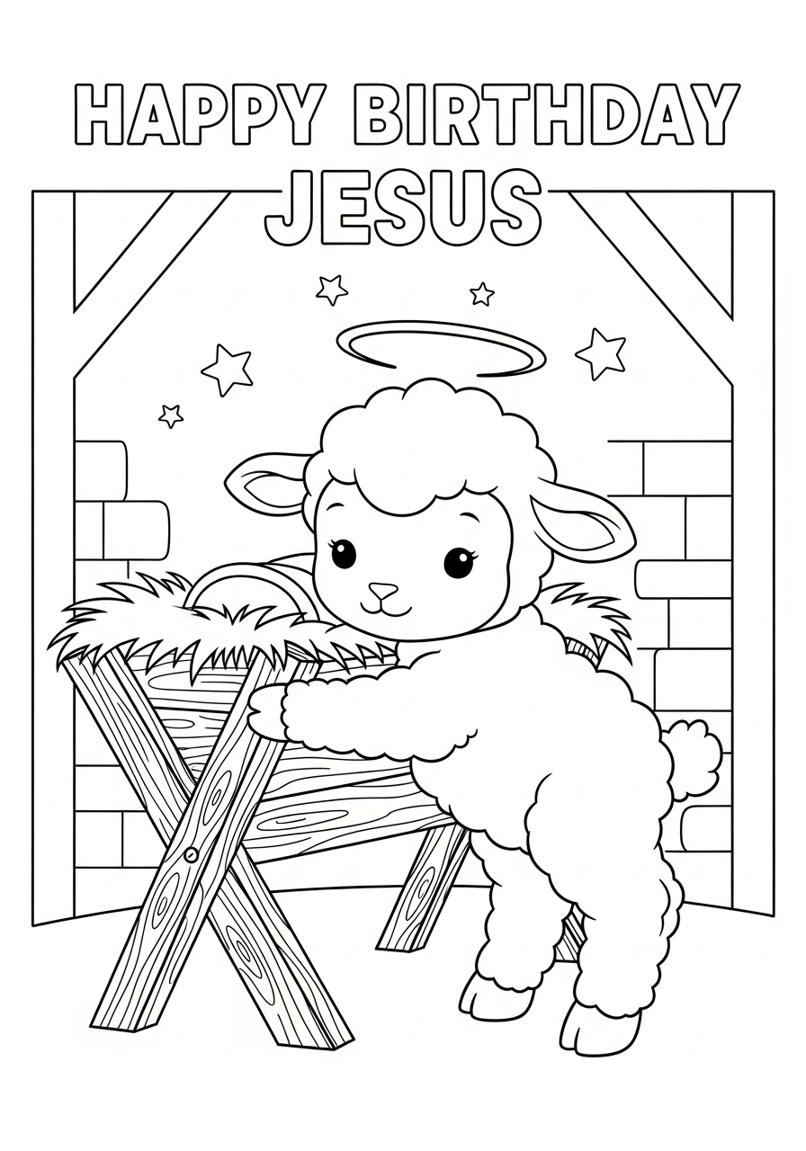 Little lamb hugging wooden manger coloring page