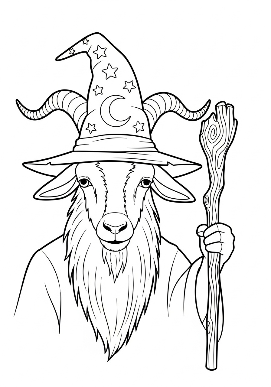 Magic wizard goat with hat coloring page