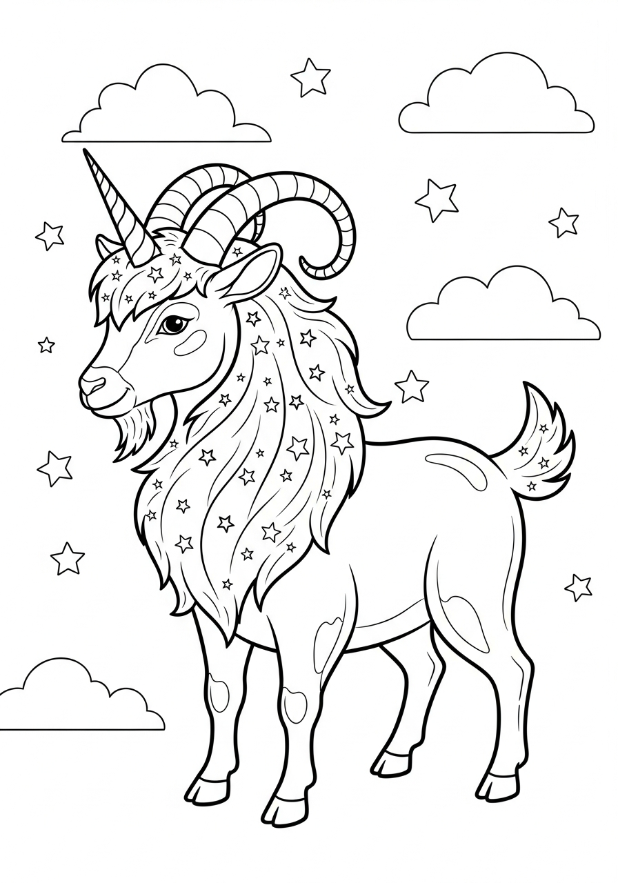 Magical unicorn goat fantasy coloring page