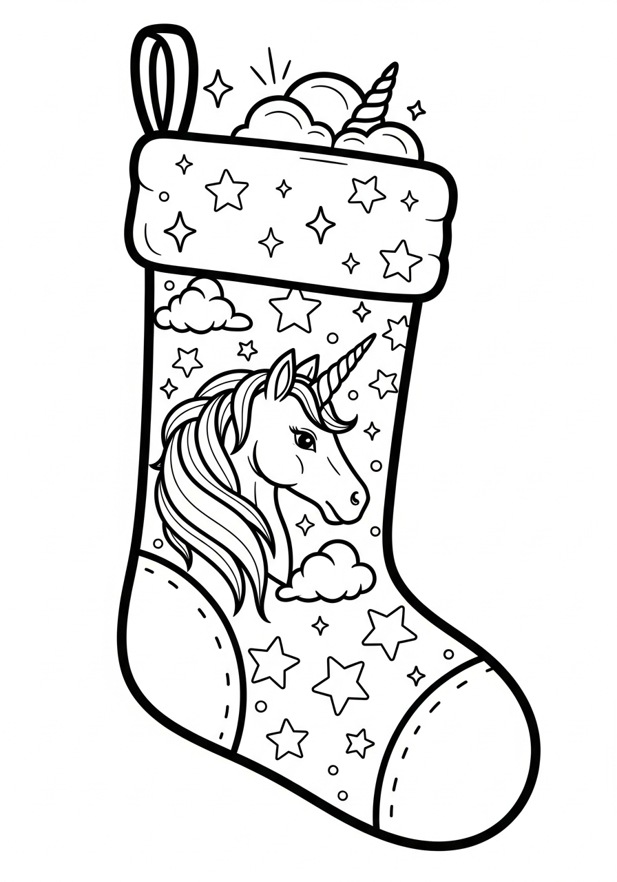 Magical unicorn themed Christmas Stocking coloring page