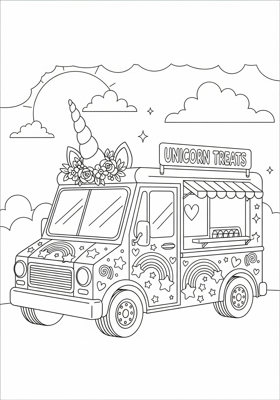 Magical unicorn themed ice cream truck coloring page