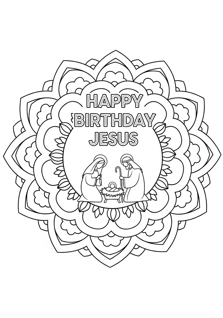 Mandala Holy Family silhouette pattern coloring page